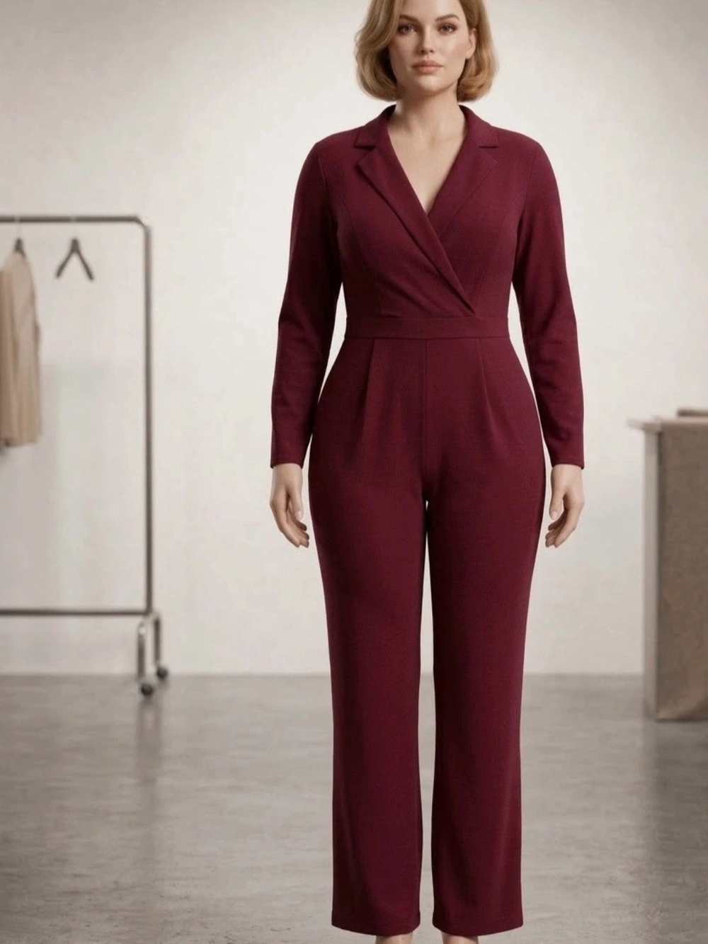 Source Unknown Burgundy Wrap-Front Long-Sleeve Jumpsuit